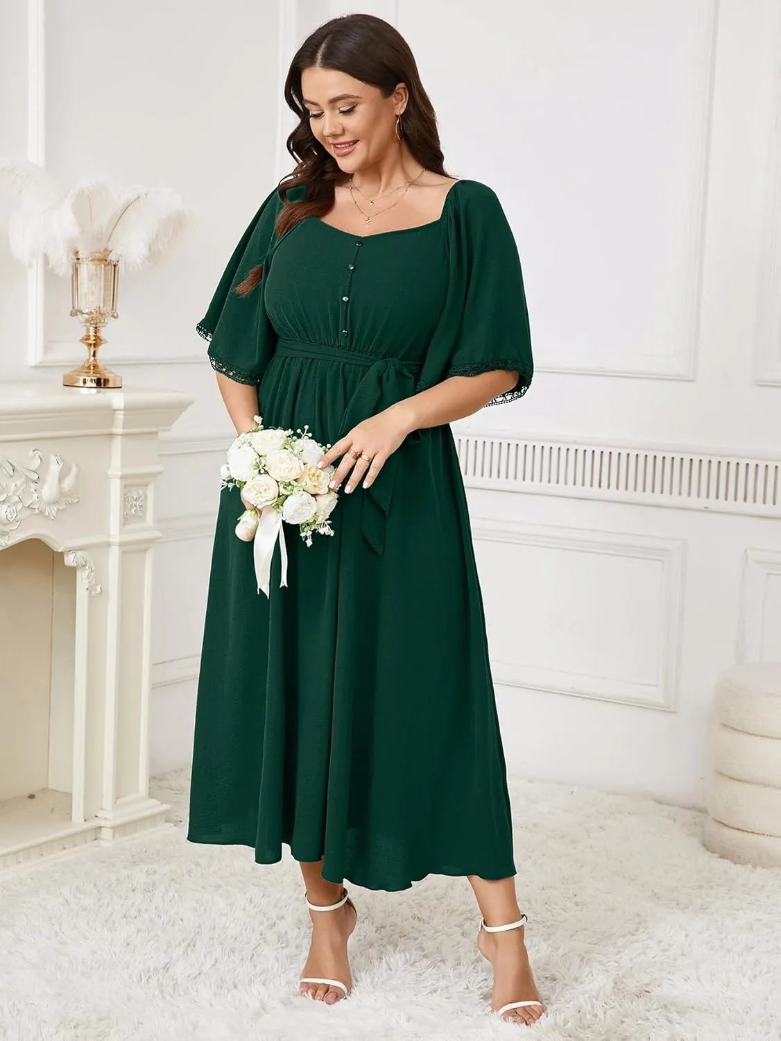 SCOMCHIC Women's Plus Size Summer Maxi Dress Sweetheart Neckline 3/4 Sleeve A Line Flowy Wedding Guest Cocktail Dress