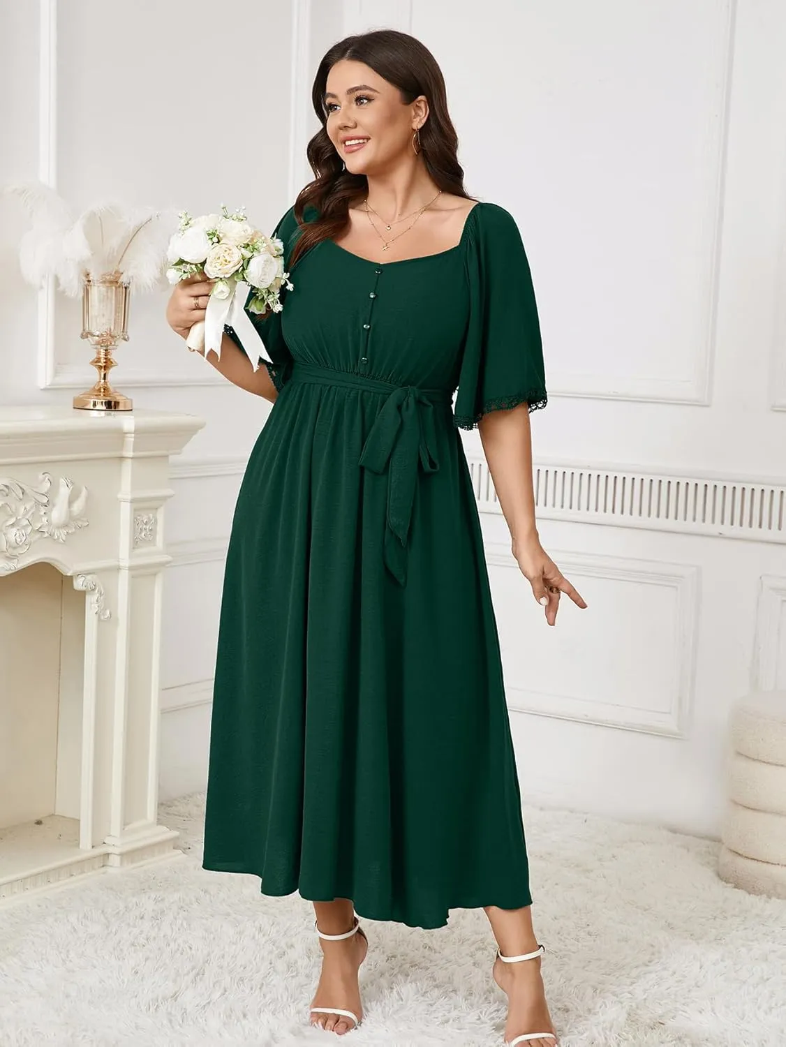 SCOMCHIC Women's Plus Size Summer Maxi Dress Sweetheart Neckline 3/4 Sleeve A Line Flowy Wedding Guest Cocktail Dress