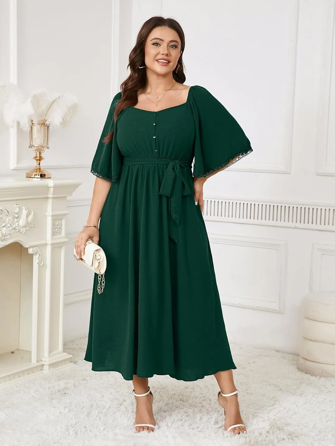 SCOMCHIC Women's Plus Size Summer Maxi Dress Sweetheart Neckline 3/4 Sleeve A Line Flowy Wedding Guest Cocktail Dress