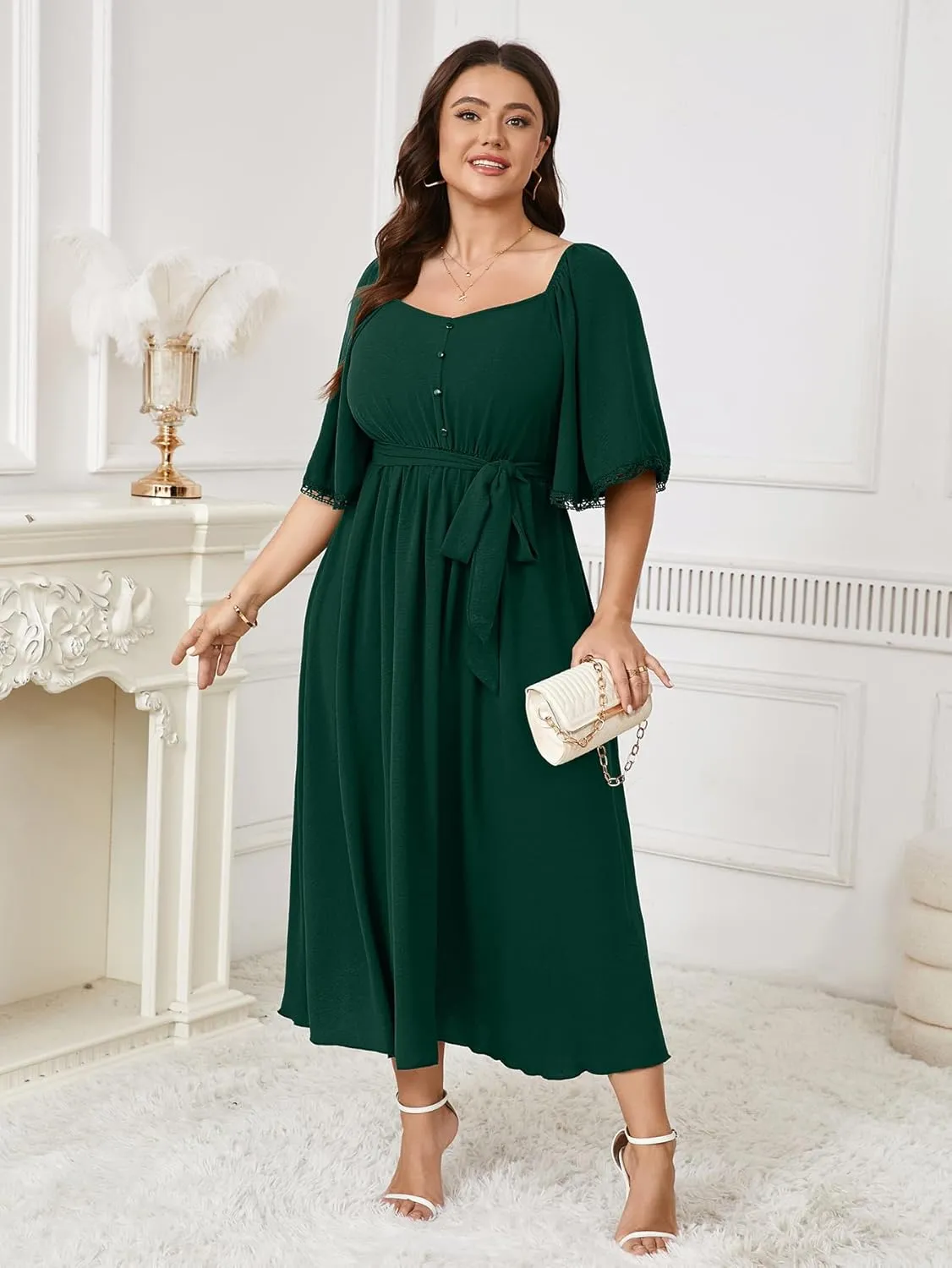 SCOMCHIC Women's Plus Size Summer Maxi Dress Sweetheart Neckline 3/4 Sleeve A Line Flowy Wedding Guest Cocktail Dress