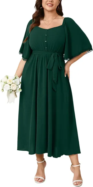 SCOMCHIC Women's Plus Size Summer Maxi Dress Sweetheart Neckline 3/4 Sleeve A Line Flowy Wedding Guest Cocktail Dress