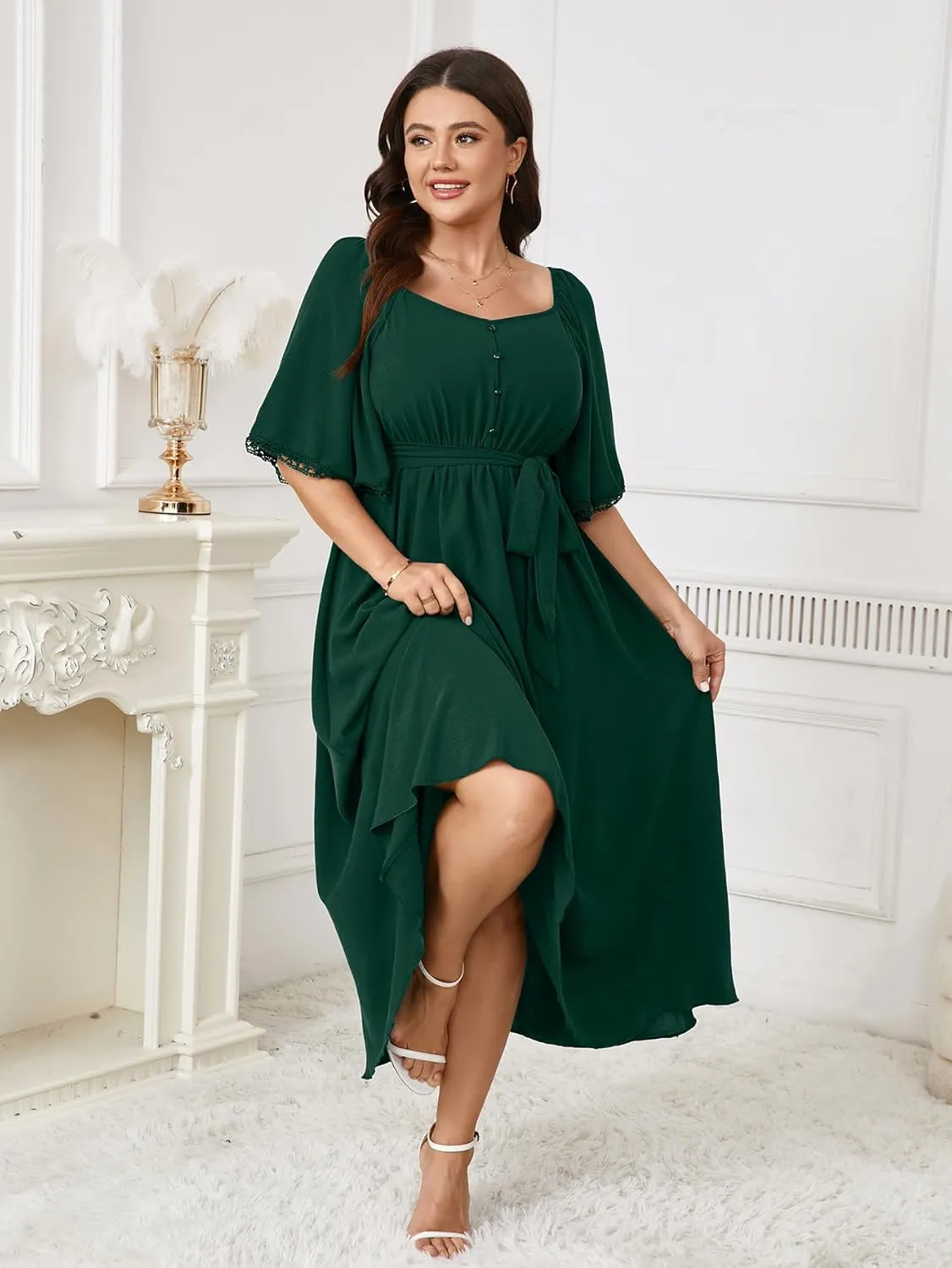SCOMCHIC Women's Plus Size Summer Maxi Dress Sweetheart Neckline 3/4 Sleeve A Line Flowy Wedding Guest Cocktail Dress