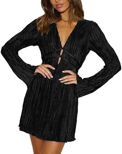 Sdencin Women Sexy Deep V-Neck Bandage Tie Waist Bodycon Short Dress Party Long Sleeve Cut Out Solid Wrap Midi Dresses(L,Black)