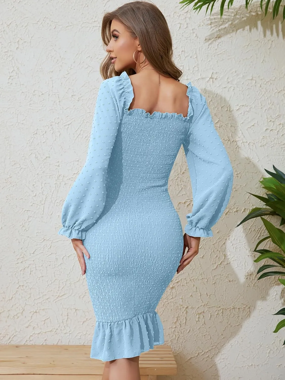 SENFURE Women's Long Sleeve Square Neck Midi Maternity Dresses Ruffle Smocked Bodycon Mermaid Cocktail Dress for Spring