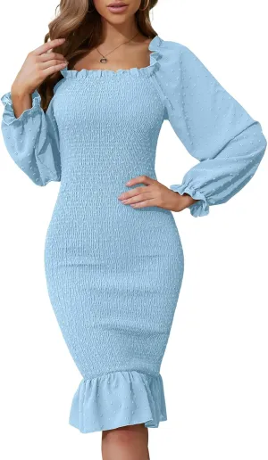 SENFURE Women's Long Sleeve Square Neck Midi Maternity Dresses Ruffle Smocked Bodycon Mermaid Cocktail Dress for Spring