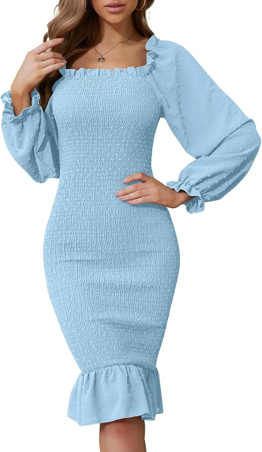 SENFURE Women's Long Sleeve Square Neck Midi Maternity Dresses Ruffle Smocked Bodycon Mermaid Cocktail Dress for Spring