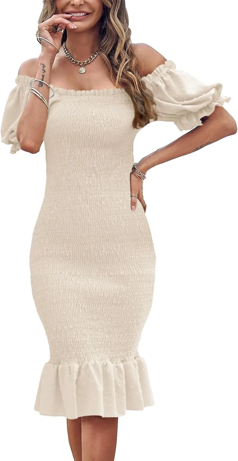 SENFURE Women's Summer Casual Midi Smocked Bodycon Dresses Puff Sleeve Square Neck Ruffle Mermaid Cocktail Dress