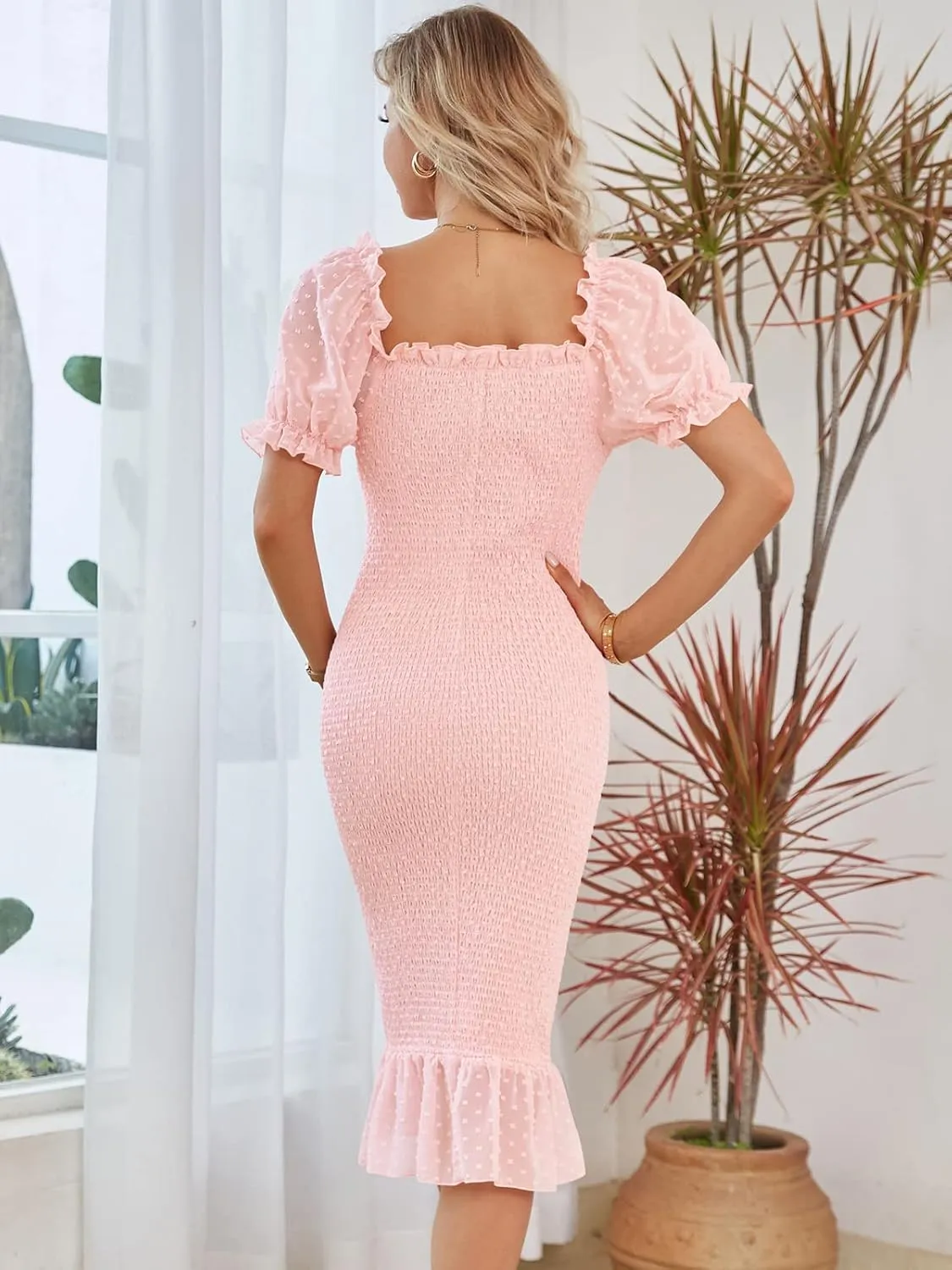 SENFURE Women's Summer Casual Midi Smocked Bodycon Dresses Puff Sleeve Square Neck Ruffle Mermaid Cocktail Dress