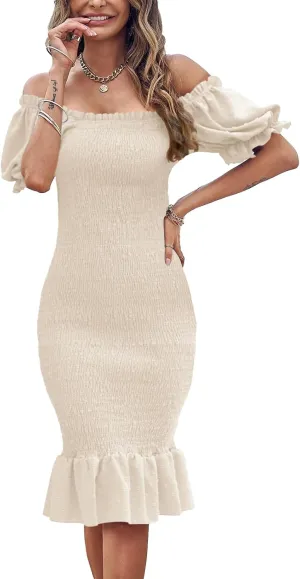 SENFURE Women's Summer Casual Midi Smocked Bodycon Dresses Puff Sleeve Square Neck Ruffle Mermaid Cocktail Dress