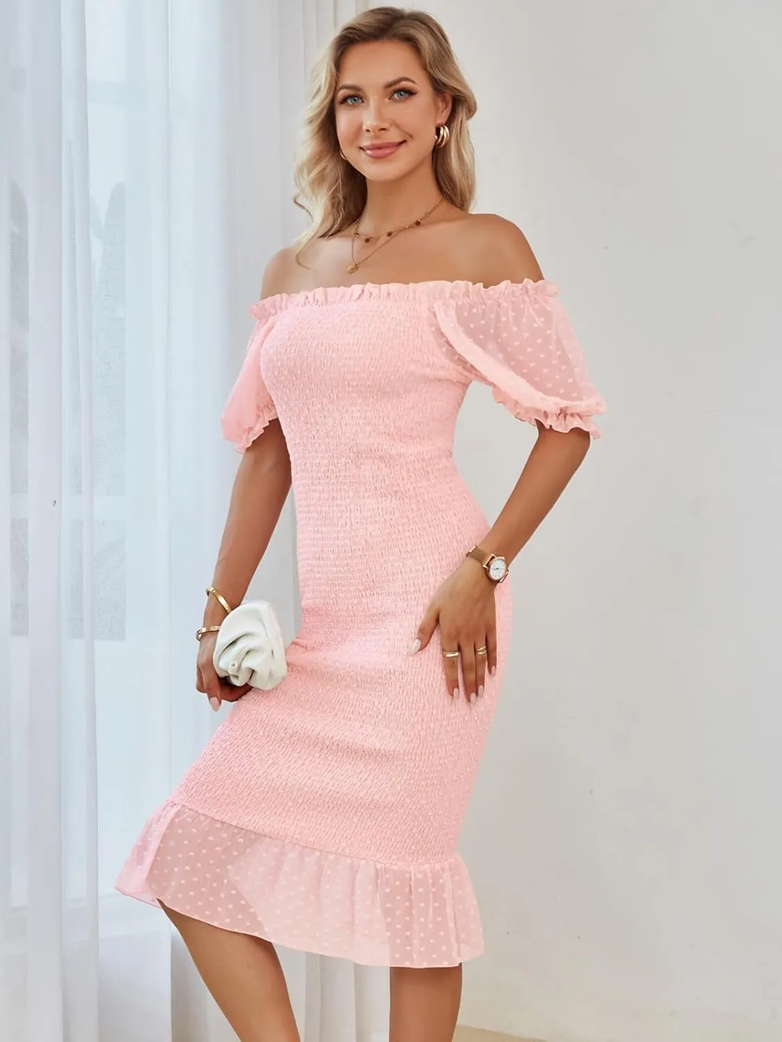 SENFURE Women's Summer Casual Midi Smocked Bodycon Dresses Puff Sleeve Square Neck Ruffle Mermaid Cocktail Dress