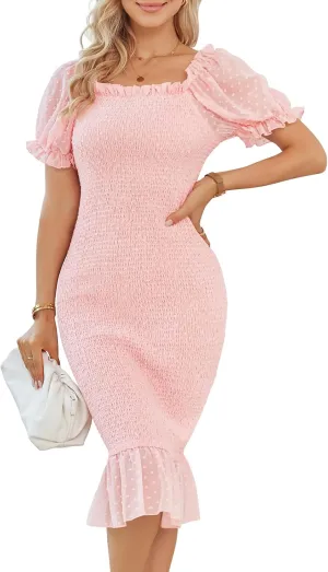 SENFURE Women's Summer Casual Midi Smocked Bodycon Dresses Puff Sleeve Square Neck Ruffle Mermaid Cocktail Dress