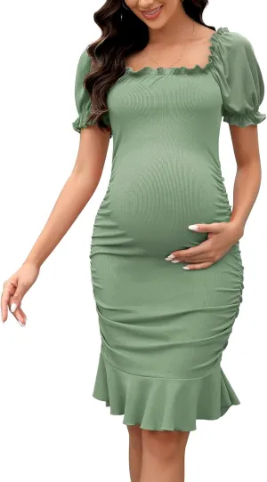 SENFURE Women's Summer Casual Midi Smocked Bodycon Dresses Puff Sleeve Square Neck Ruffle Mermaid Cocktail Dress