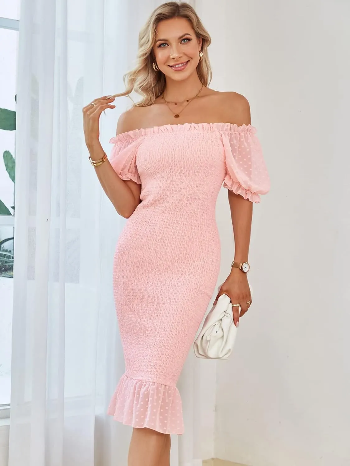 SENFURE Women's Summer Casual Midi Smocked Bodycon Dresses Puff Sleeve Square Neck Ruffle Mermaid Cocktail Dress