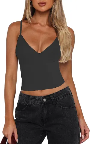 Sexy Deep V Neck Tank Tops Women Y2K Going Out Crop Tops Spaghetti Strap Sleeveless Backless Cami Crop Tanks