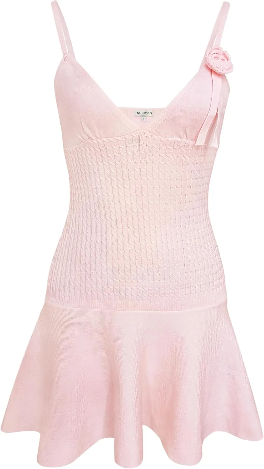 Sexy Sling Dress for Women V-Neck Backless Flower Knit Pleated Beach Casual Vacation Party Mini Dresses