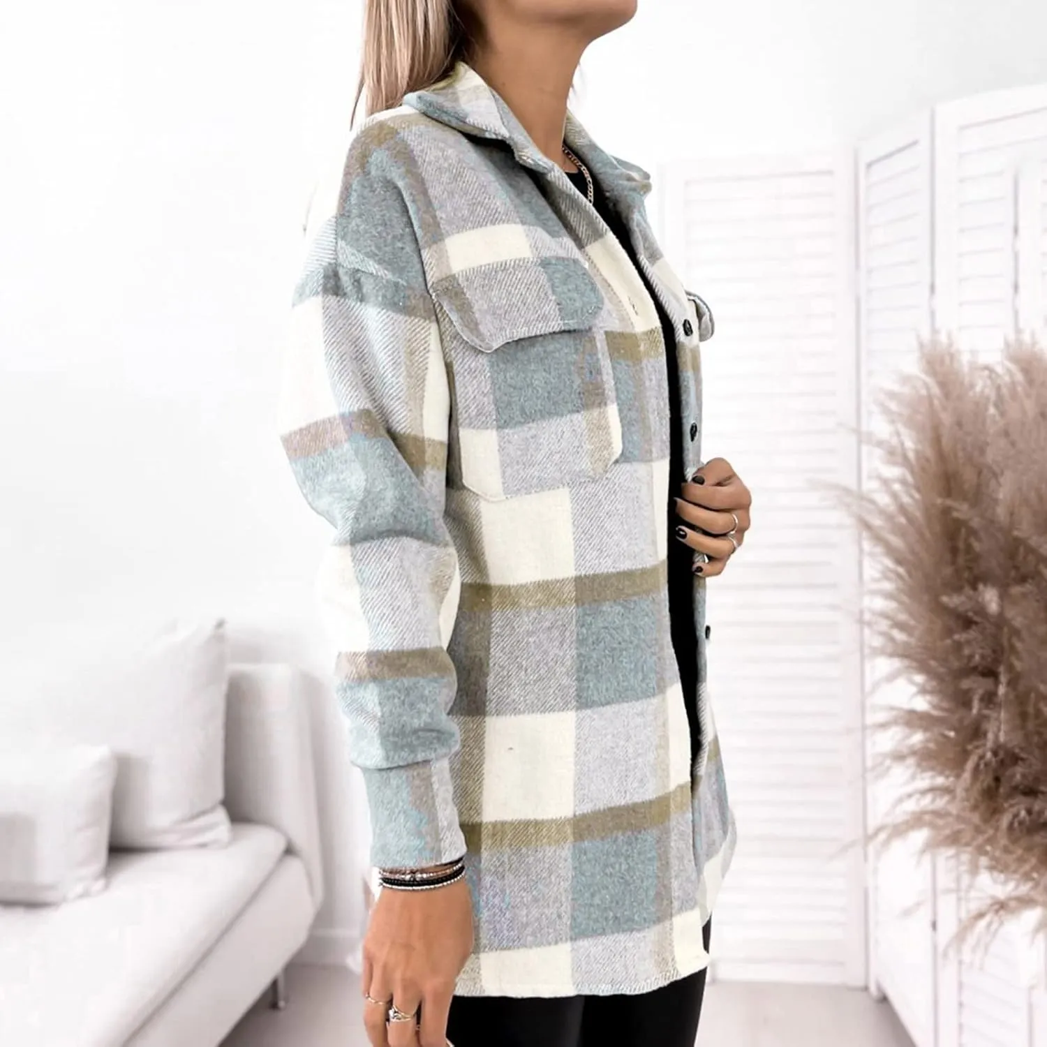 Shacket Jacket Women Casual Flannel Plaid Long Sleeve Lapel Button Down Shirts Fall Wool Blend Coat with Pockets
