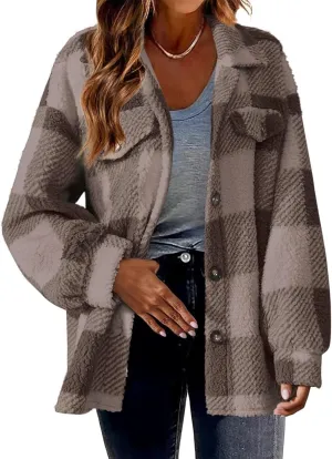 Shacket Jacket Women Casual Flannel Plaid Long Sleeve Lapel Button Down Shirts Fall Wool Blend Coat with Pockets