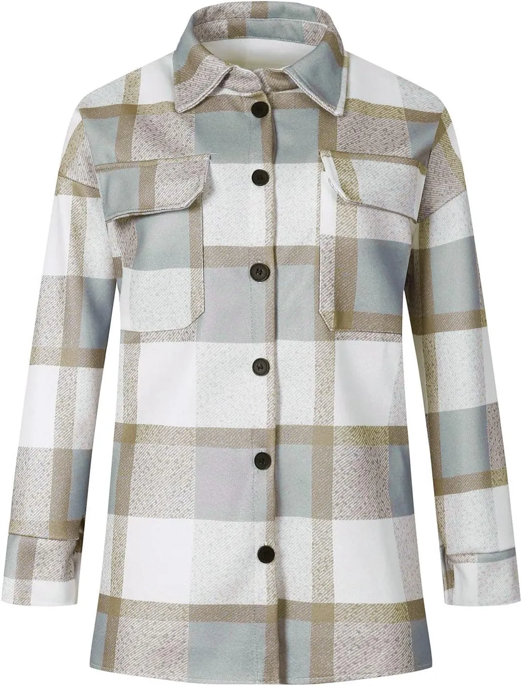 Shacket Jacket Women Casual Flannel Plaid Long Sleeve Lapel Button Down Shirts Fall Wool Blend Coat with Pockets