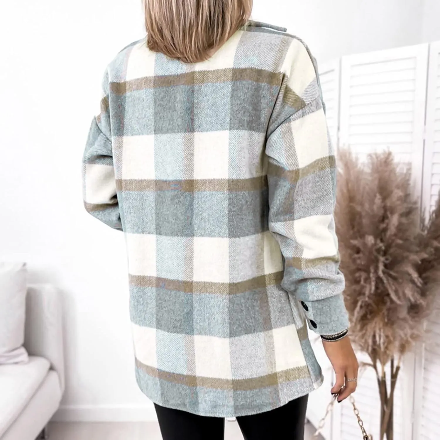 Shacket Jacket Women Casual Flannel Plaid Long Sleeve Lapel Button Down Shirts Fall Wool Blend Coat with Pockets