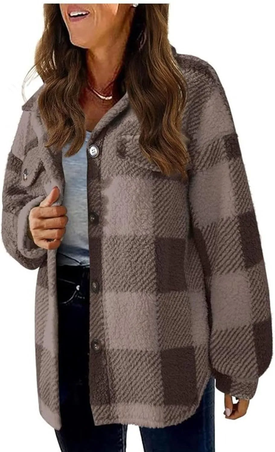 Shacket Jacket Women Casual Flannel Plaid Long Sleeve Lapel Button Down Shirts Fall Wool Blend Coat with Pockets