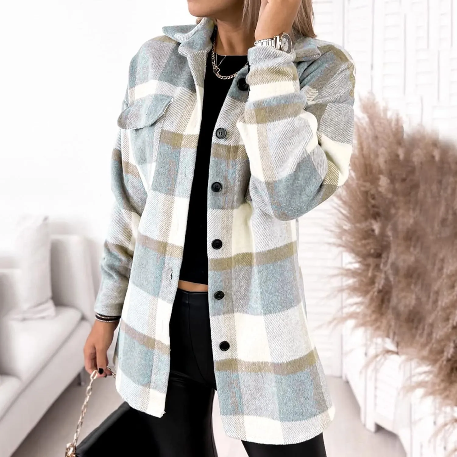 Shacket Jacket Women Casual Flannel Plaid Long Sleeve Lapel Button Down Shirts Fall Wool Blend Coat with Pockets
