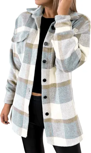 Shacket Jacket Women Casual Flannel Plaid Long Sleeve Lapel Button Down Shirts Fall Wool Blend Coat with Pockets