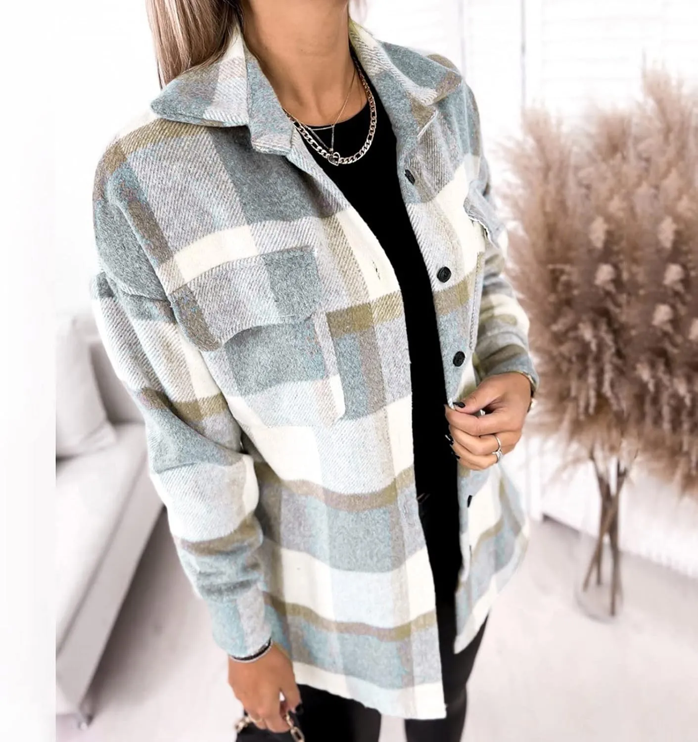Shacket Jacket Women Casual Flannel Plaid Long Sleeve Lapel Button Down Shirts Fall Wool Blend Coat with Pockets