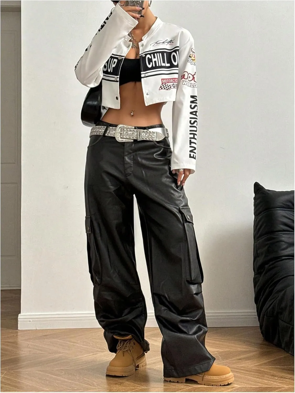 SHENHE Women's Racer Biker Jacket Lightweight Button Down Cropped Moto Varsity Jacket