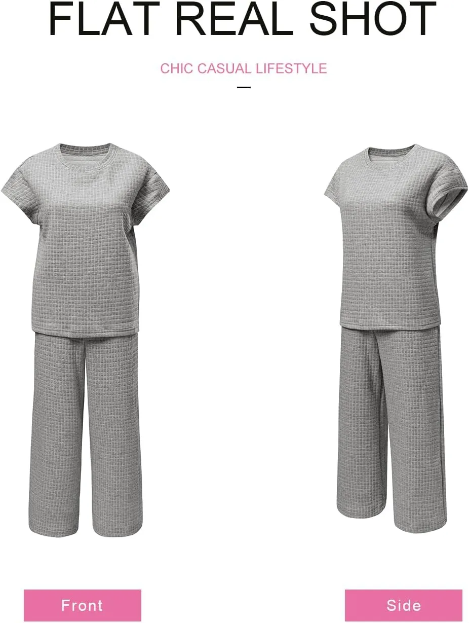 SHEWIN Womens Two Piece Spring Outfits Sweatsuits Casual Pullover Tops and Wide Leg Sweatpant Lounge Sets