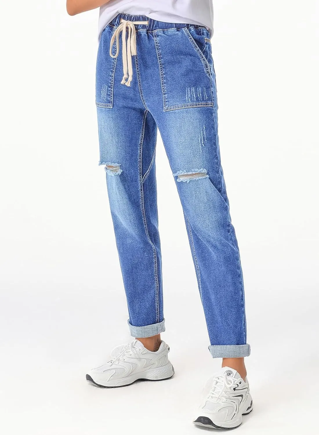 Sidefeel Womens High Waisted Drawstring Jeans Pull On Cargo Joggers Zimbaplatinum Ripped Elastic Waist Denim Pants