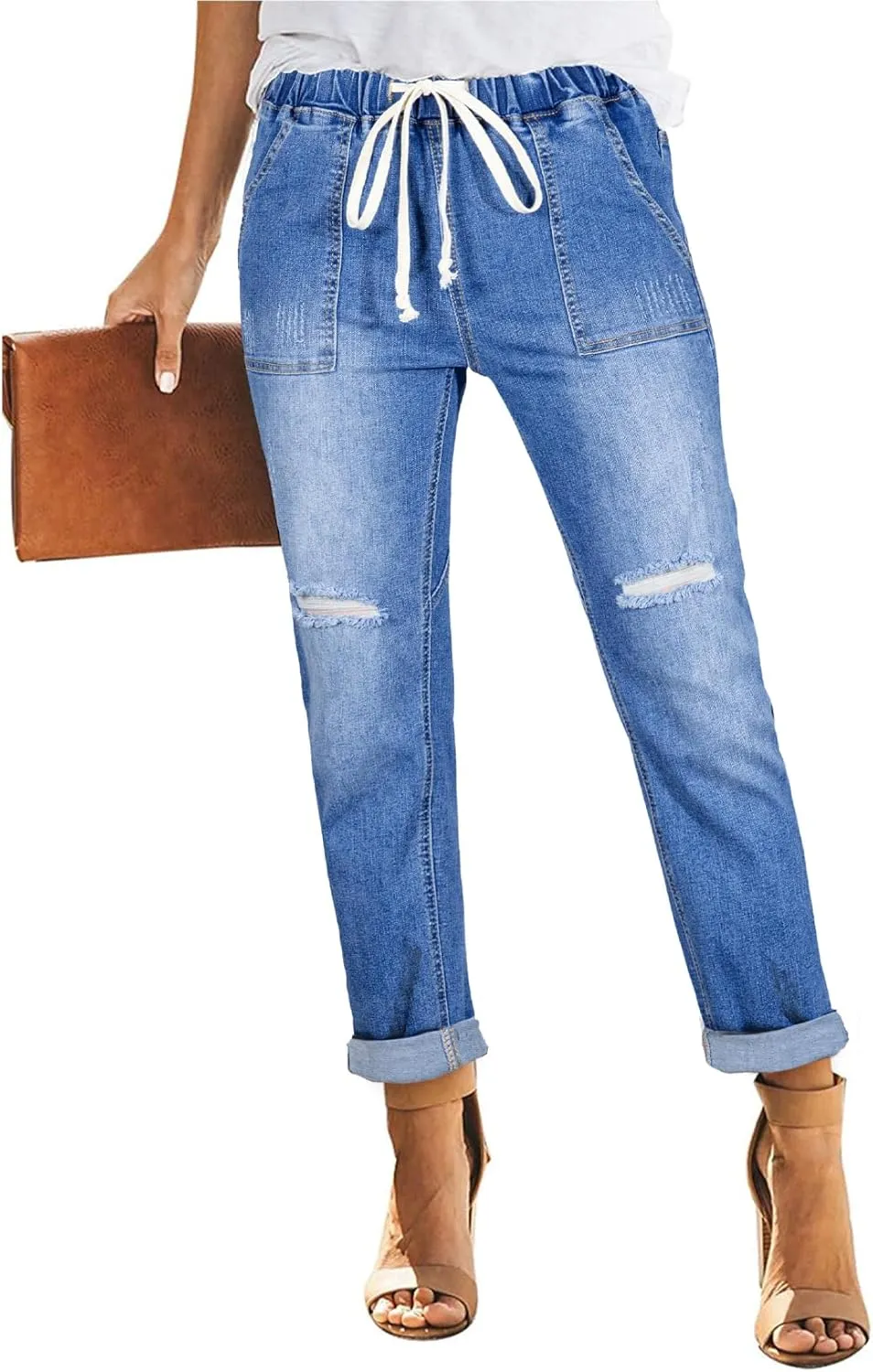 Sidefeel Womens High Waisted Drawstring Jeans Pull On Cargo Joggers Zimbaplatinum Ripped Elastic Waist Denim Pants