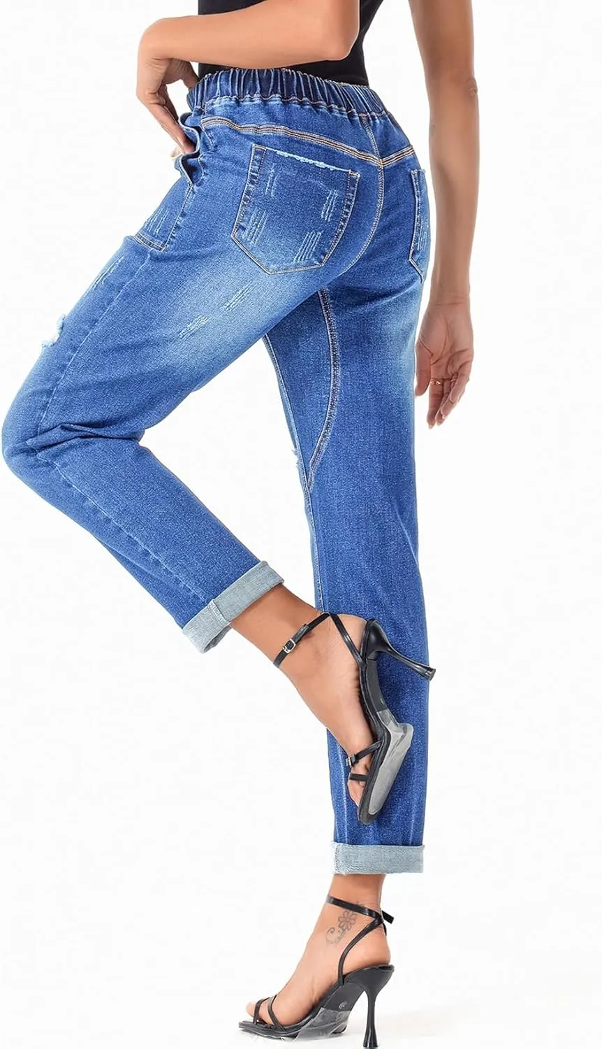 Sidefeel Womens High Waisted Drawstring Jeans Pull On Cargo Joggers Zimbaplatinum Ripped Elastic Waist Denim Pants