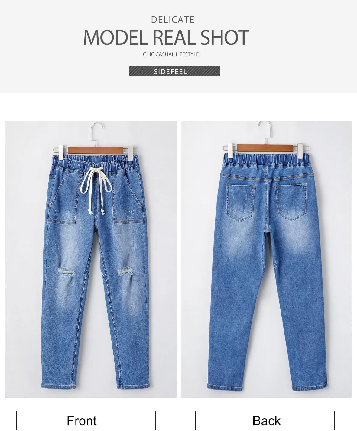Sidefeel Womens High Waisted Drawstring Jeans Pull On Cargo Joggers Zimbaplatinum Ripped Elastic Waist Denim Pants