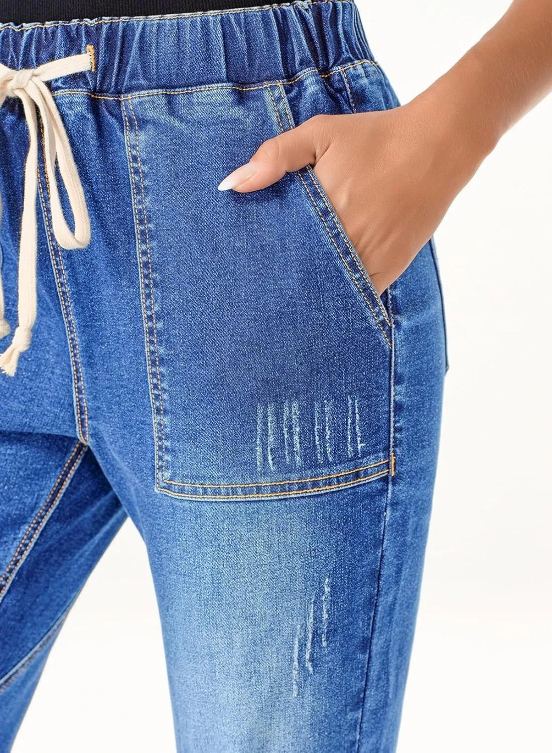 Sidefeel Womens High Waisted Drawstring Jeans Pull On Cargo Joggers Zimbaplatinum Ripped Elastic Waist Denim Pants