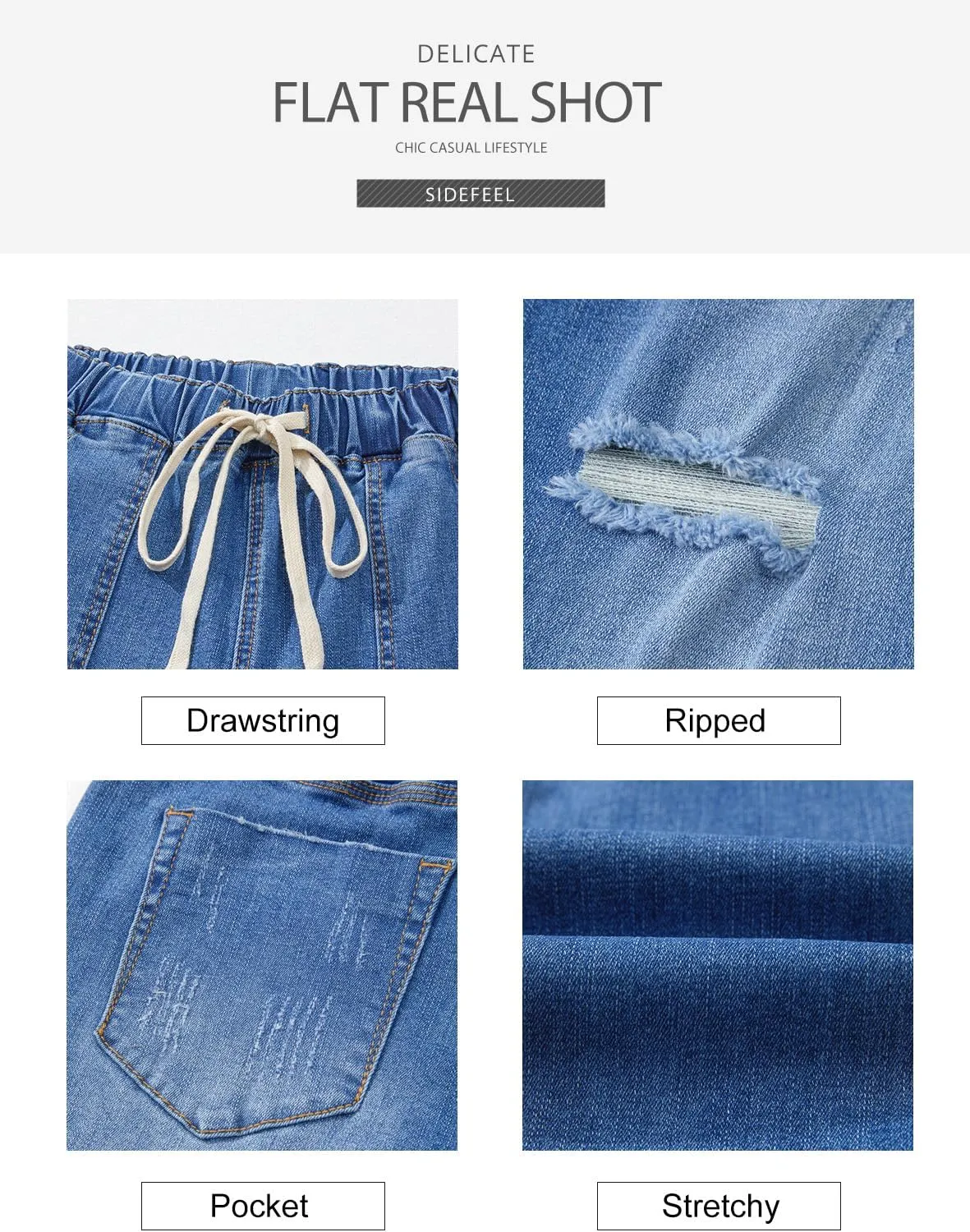 Sidefeel Womens High Waisted Drawstring Jeans Pull On Cargo Joggers Zimbaplatinum Ripped Elastic Waist Denim Pants