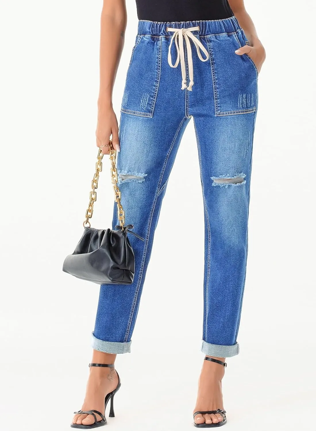 Sidefeel Womens High Waisted Drawstring Jeans Pull On Cargo Joggers Zimbaplatinum Ripped Elastic Waist Denim Pants