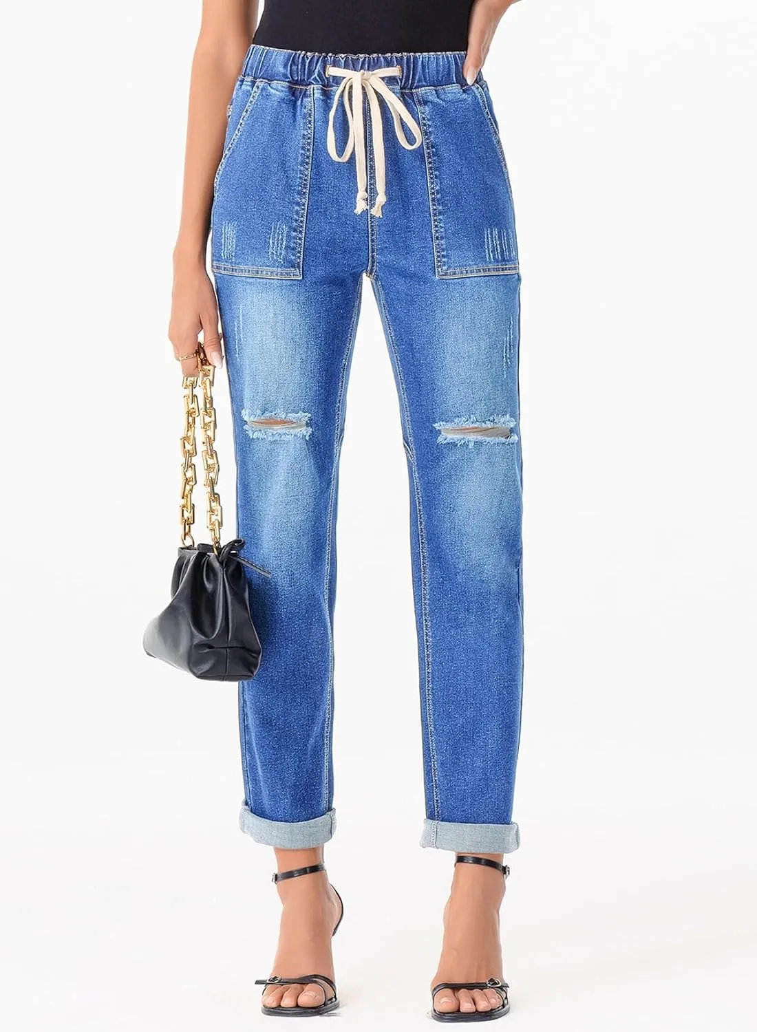 Sidefeel Womens High Waisted Drawstring Jeans Pull On Cargo Joggers Zimbaplatinum Ripped Elastic Waist Denim Pants