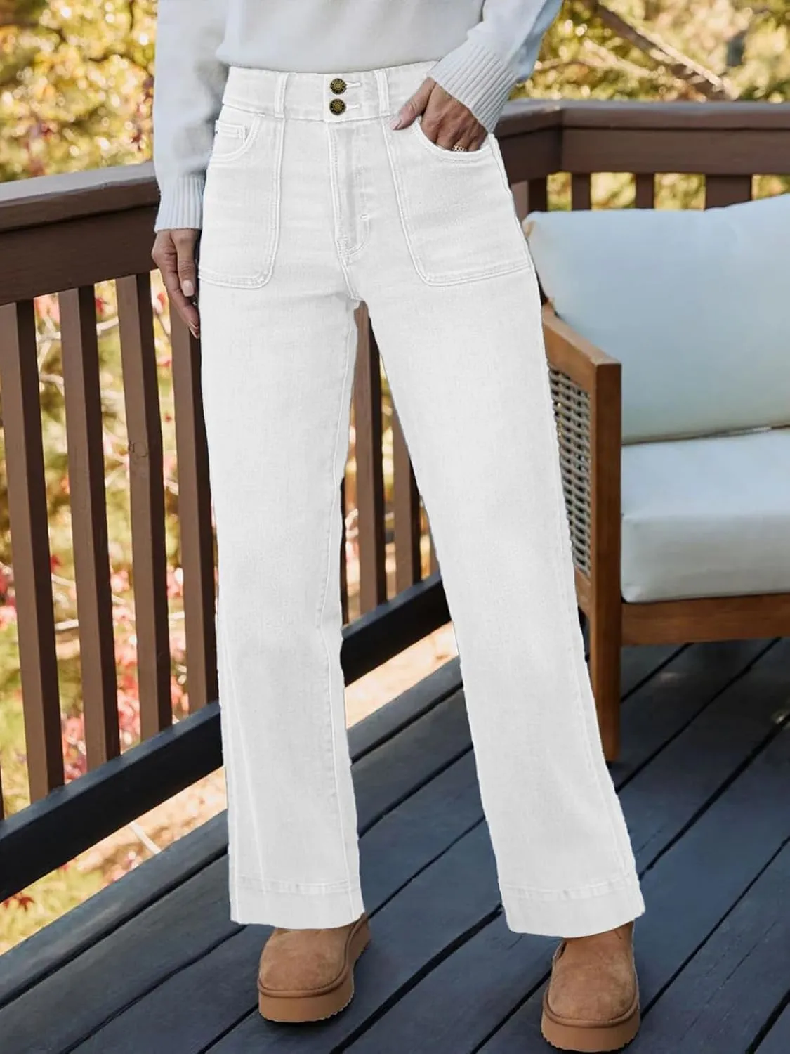Sidefeel Women's High Waisted Straight Leg Jeans Stretchy Tummy Control Wide Leg Denim Pants with Pockets