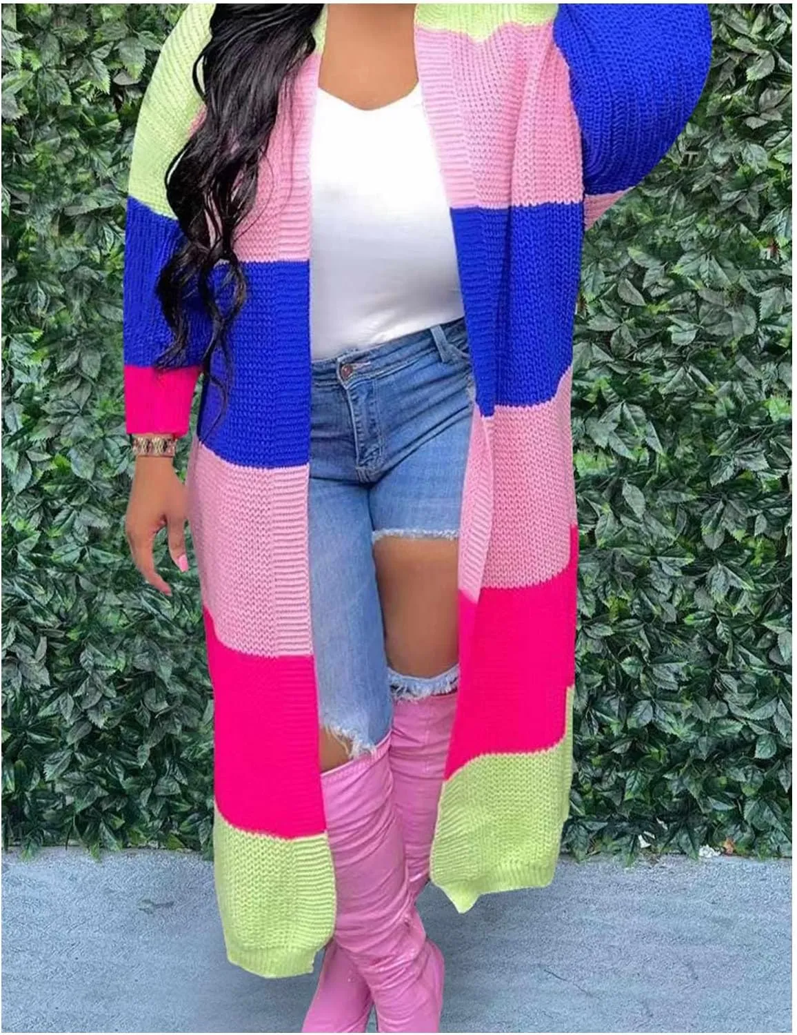 SOMTHRON Women's Fall Cardigan Sweater Open Front Color Block Striped Knit Long Draped Coat Duster Outerwear