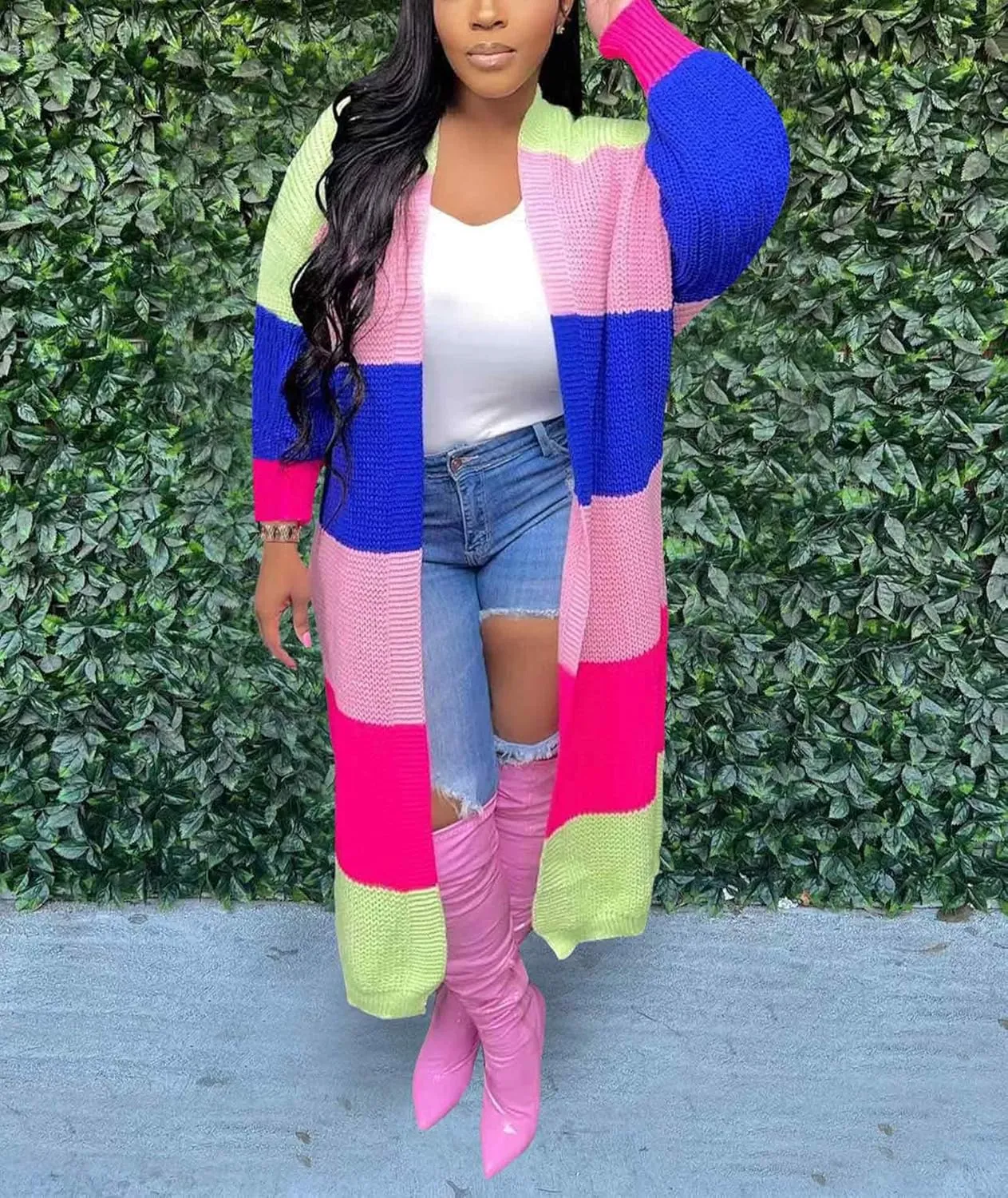 SOMTHRON Women's Fall Cardigan Sweater Open Front Color Block Striped Knit Long Draped Coat Duster Outerwear