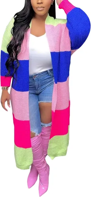 SOMTHRON Women's Fall Cardigan Sweater Open Front Color Block Striped Knit Long Draped Coat Duster Outerwear