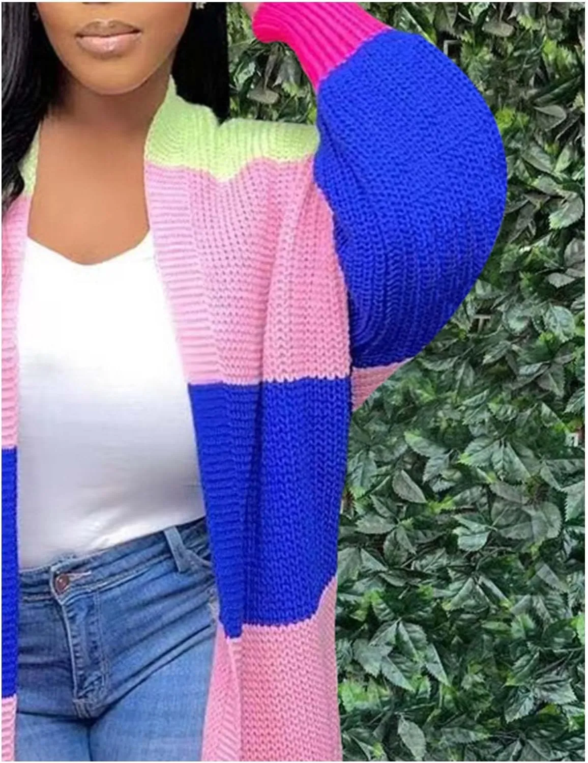 SOMTHRON Women's Fall Cardigan Sweater Open Front Color Block Striped Knit Long Draped Coat Duster Outerwear