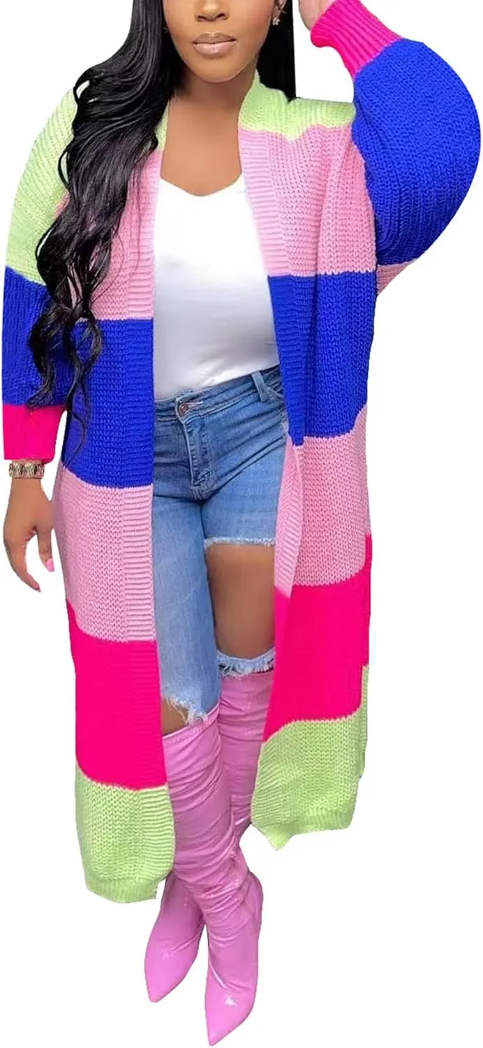 SOMTHRON Women's Fall Cardigan Sweater Open Front Color Block Striped Knit Long Draped Coat Duster Outerwear