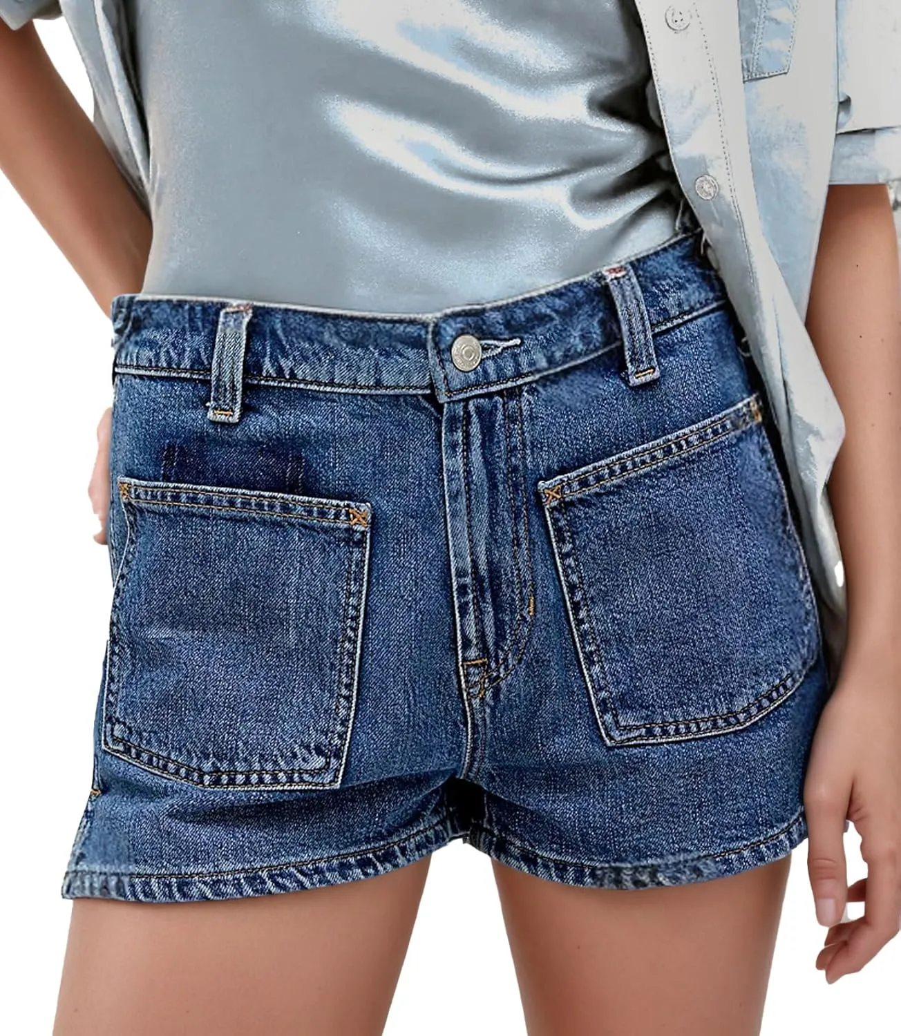 Stretchy Jean Shorts Womens Summer Casual Mid Rise Skinny Hot Denim Short with Pockets