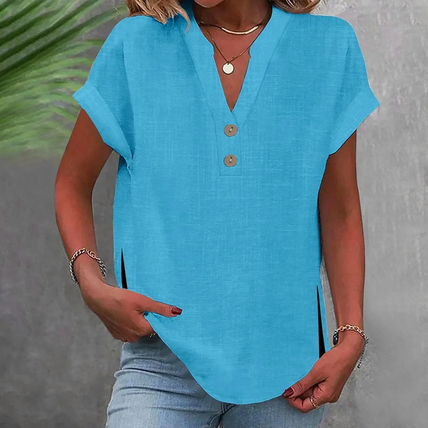 Summer Cotton Linen Shirts for Women 2025 Button Down Short Sleeve V Neck Shirts Solid Color Comfy Blouses Tunic Tops