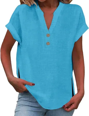 Summer Cotton Linen Shirts for Women 2025 Button Down Short Sleeve V Neck Shirts Solid Color Comfy Blouses Tunic Tops