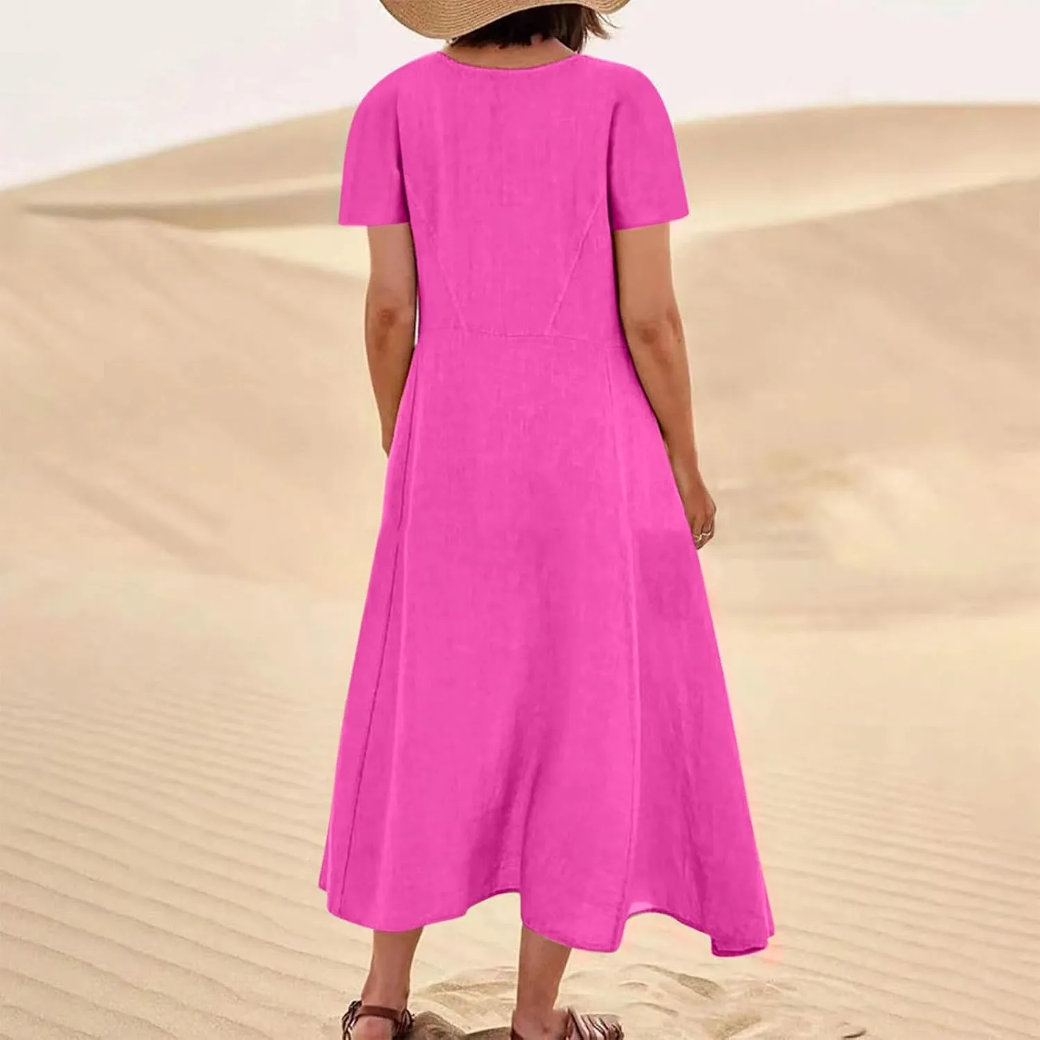 Summer Dresses for Women 2025 Flowy Cotton Linen Tshirt Dress Beach Vacation Maxi Short Sleeve Sundress with Pockets