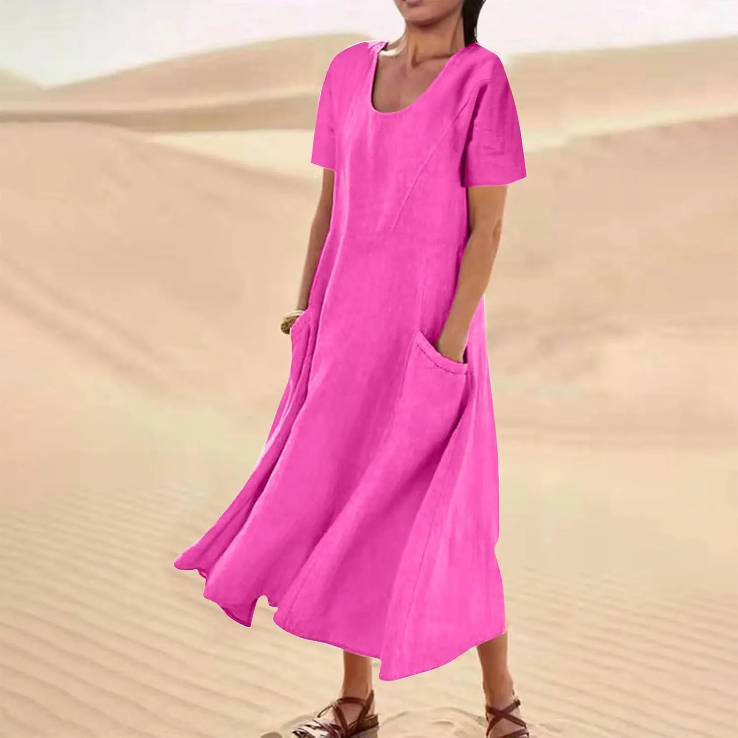 Summer Dresses for Women 2025 Flowy Cotton Linen Tshirt Dress Beach Vacation Maxi Short Sleeve Sundress with Pockets