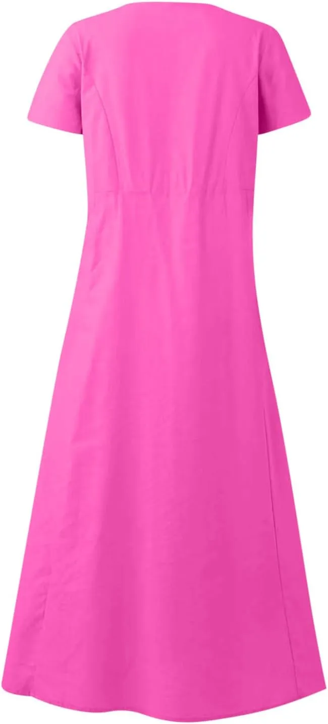 Summer Dresses for Women 2025 Flowy Cotton Linen Tshirt Dress Beach Vacation Maxi Short Sleeve Sundress with Pockets