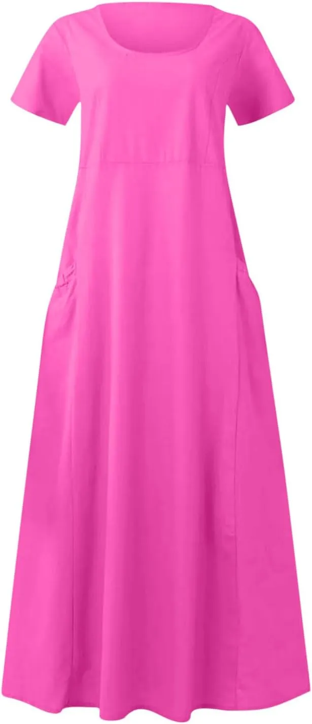 Summer Dresses for Women 2025 Flowy Cotton Linen Tshirt Dress Beach Vacation Maxi Short Sleeve Sundress with Pockets